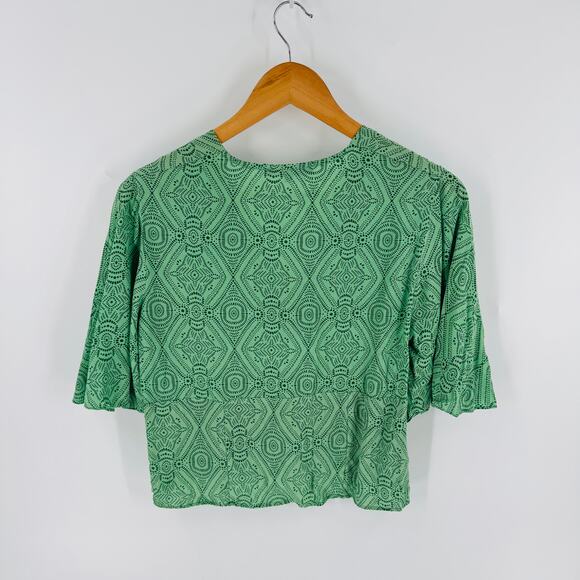 Maje Fluid Printed Green V-Neck Peplum Top Boho Chic Blouse Size FR 1/ US S - Picture 3 of 8